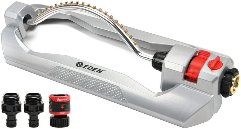 Eden 94115 Metal 2-Way Oscillating Sprinkler for Lawn and Garden w/Quick Connect Starter Set, 20 Brass Nozzles, Covers up to 4,300 sq. ft - Image 1
